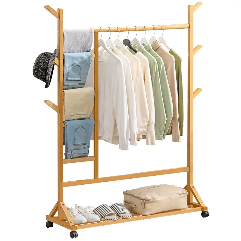 Hot sale bedroom wood clothes rack shelf garment hanging multiifunctional bamboo entry simple coat rack with wheel