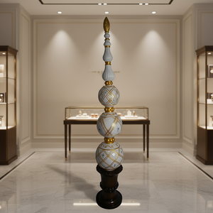 Ornement décoratif de luxe blanc et or avec base en bois - Ornement sur pied orné pour une décoration élégante de la maison et des événements - Product Image 1