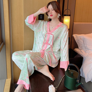 2023 Nighty design pigiama da donna primavera e autunno pigiami a maniche lunghe set da notte in due pezzi da casa per il tempo libero in seta con scollo a V - Product Image 5