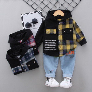 Ensemble de tenue de printemps pour garçons - Chemise à manches longues à <span class=keywords><strong>capuche</strong></span> en patchwork à carreaux + pantalon, vêtements décontractés pour enfants - Product Image 1