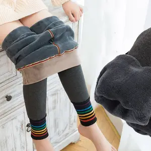 Groothandel Winter Dikke Fleece Thermische Kind Panty Mode Regenboog Streep Cozy Fuzzy Warm Studenten Kids Leggings