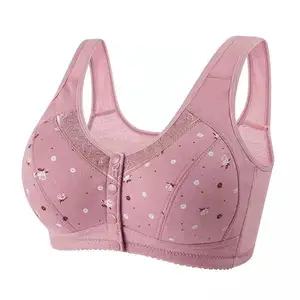 China factory wholesale threaded pure cotton front buckle bra middle-aged and elderly comfortable simple solid color ladies bra