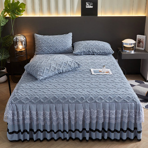 Ensemble de jupe de lit en taffetas épais avec dentelle, pour lit simple, garnissage en polyester, style uni, couleur unie, pour la maison - Product Image 3