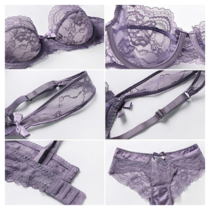 Conjunto de Lencería de Encaje para <span class=keywords><strong>Mujer</strong></span>, Sujetador con Aros y Braguitas, Copa <span class=keywords><strong>sin</strong></span> <span class=keywords><strong>Relleno</strong></span>, Sujetador Transparente con Encaje a Juego - Product Image 6
