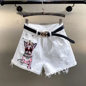 Short en Denim blanc pour femme, vêtement féminin, taille haute, amincissant, jambes larges, ample et tendance, dessin animé, mode printemps été 2021