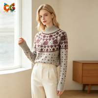 Pull en maille décontracté pour femme, col roulé, motif jacquard Fair Isle flocons de neige et sapins de Noël, collection hiver, fabrication CG EM ODM
