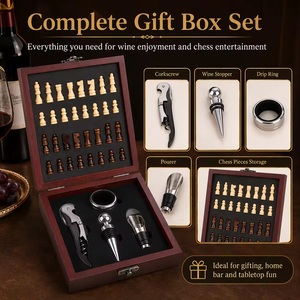Coffret Cadeau Luxe 2-en-1 Échecs et Vin – Kit Complet d'Outils à Vin et Pièces d'Échecs – Cadeau Unique pour Anniversaire ou Anniversaire <span class=keywords><strong>de</strong></span> Mariage - Product Image 5