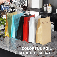 En stock, sacs d'emballage pour bonbons en aluminium imprimé coloré, à fond carré, avec valve de dégazage, scellés sur 8 côtés et fermeture éclair refermable