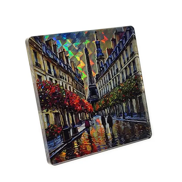 Country Acrylic Fridge Magnet World Travel Souvenir and Tourism Gift Paris France Holographic Square Glitter on Partial Area