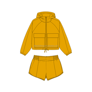 Ensemble 2 pièces pour enfants : veste courte à capuche en polyester et short, poches zippées sur le devant, poignets et taille élastiques, OEM, faible MOQ - Product Image 3