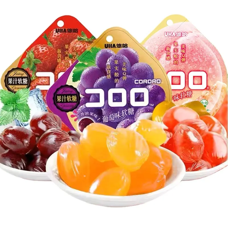 52g Exotic UHA Gummy Candy Strawberry Peach Fruit Juice Flavor Soft Sweets in Piece Form Packaged in Box for Kids
