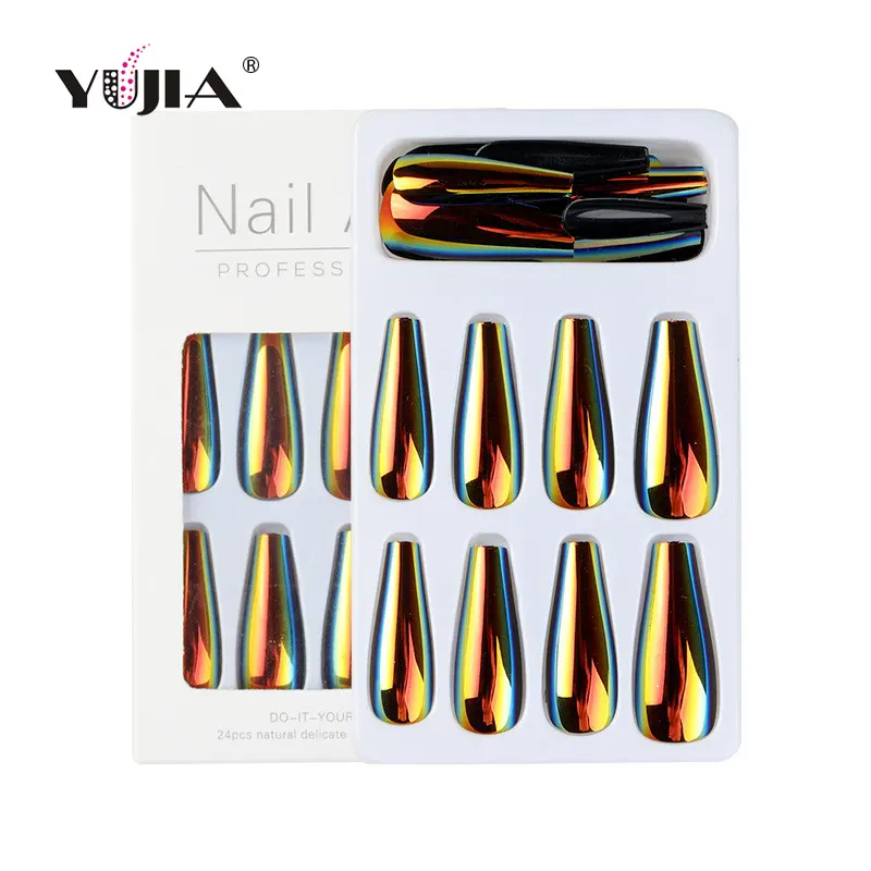 Neues Design Schwarze Farbe Spitzen Acryl nägel Künstliche Nägel Mittellange Press On Nails Massiver Metalls piegel
