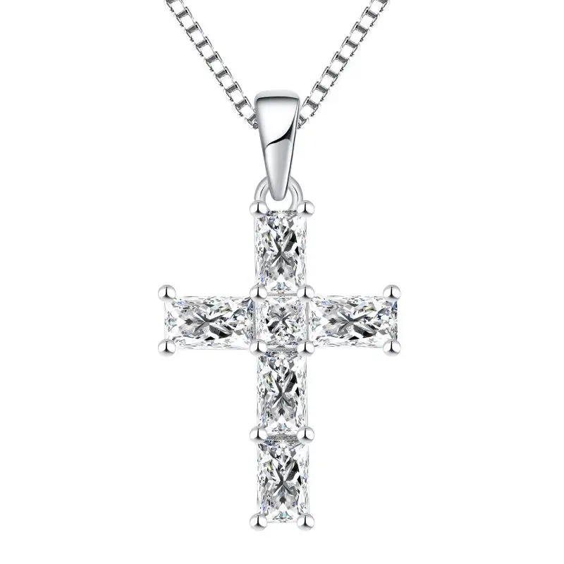 Simple Sterling Silver 925 Cross Charm Diamond Cross Pendant Necklace