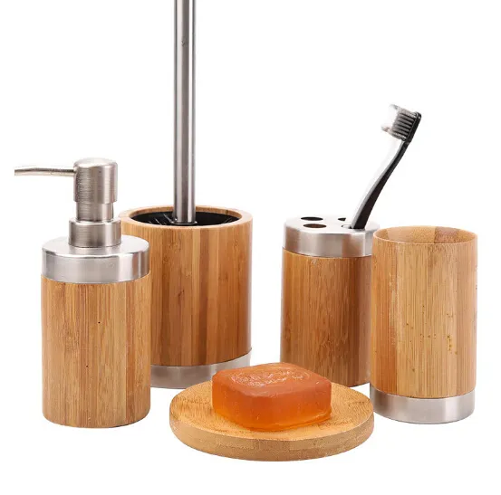Bamboo Wooden Products Luxury Bathroom Essentials Accessory Set