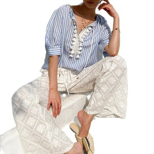 Nueva Colección Primavera/Verano, <span class=keywords><strong>Pantalones</strong></span> Anchos de Algodón Bordado de Inspiración Sureña Francesa para Mujer, Blancos, Largos, Elásticos - Product Image 5