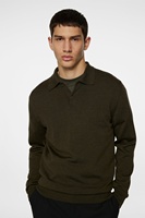 Pull en laine mérinos à col polo pour homme, manches longues, maille fine, vert olive