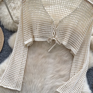 Suéter de manga hinchada con doble botonadura y cuello cuadrado de fragancia pequeña Top de Base Irregular ajustado que combina con todo para mujer - Product Image 5