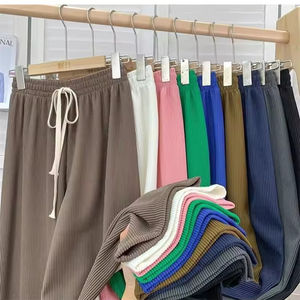 Pantalons décontractés amples à taille haute rayés pour femmes, vente en gros à bas prix, 2026, cordon de serrage, extensible, pantalon long uni pour femmes - Product Image 1