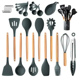 33 Pcs Non-stick Silicone Cooking Kitchen Utensils Spatula Set With Holder Wooden Handle Silicone Kitchen Gadgets Utensil Set