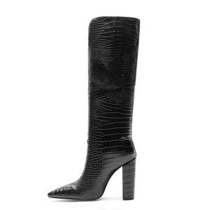 <span class=keywords><strong>Bottes</strong></span> d'hiver pour femmes à talons carrés et bout pointu, style croco, pour mollets larges, hauteur genou - Product Image 4