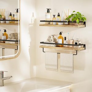 Bathroom Shelf Wall Mounted Double Layer Wood And Metal Storage Rack With Towel Bar For Bathroom And Kitchen - Product Image 1