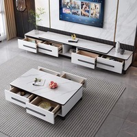 Meuble TV moderne de luxe, table en pierre frittée, ensemble de meuble TV et table basse, table centrale rétractable