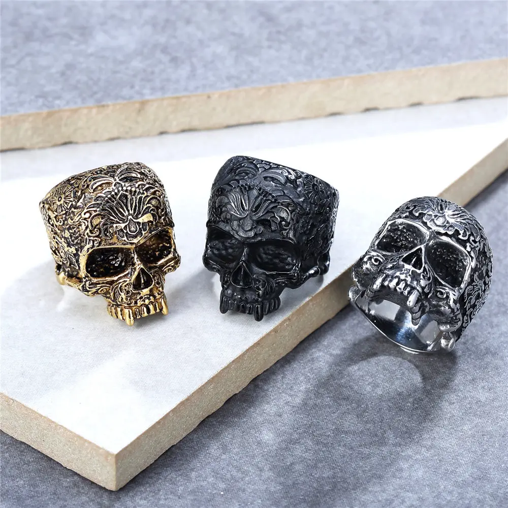 Retro Punk Homens Moda Jóias Hip Hop Rock Aço Inoxidável Não Tarnish Gothic Casting Skull Ring