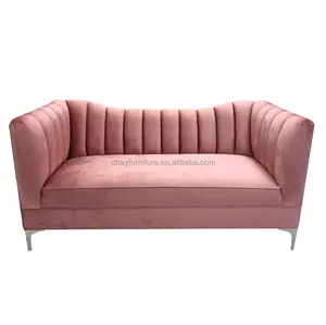 Modern American blush velvet loveseat sofa channel tufted camel back with metal legs living room sofa hotel lobby wedding sofa