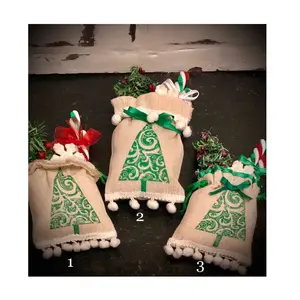 Wholesale Sublimation Santa Sack Small Durlap Christmas Drawstring Gift Bag With PomPom