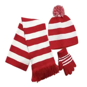 cheap girls boys children kids acrylic cashmere stripe knit bobble hat beanie scarf and glove sets
