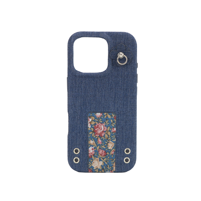 Vintage Denim Phone Case with Floral Patch & Ring Accessory Detail