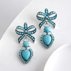 Retro Boho Design Statement Waterdrop Turquoise Cross Flowers Round Turquoise Bead Earring