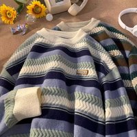 Pulls rayés pour hommes, automne-hiver, chauds, streetwear, tricots à manches longues, col rond, pulls amples, tricots vintage, 100% polyester