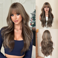 Pelucas de Cabello Sintético de 28 Pulgadas, Color Castaño Ceniza con Reflejos Rubio Claro, con Flequillo, Resistentes al Calor, Fibra Natural Mate