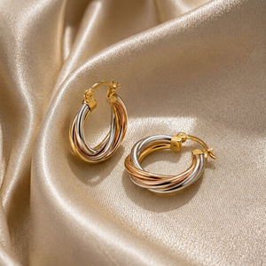 Boucles d'oreilles créoles haut de gamme en argent sterling 925 bicolore, plaqué or et rhodium, torsadées, fournisseur de bijoux personnalisés - Product Image 1