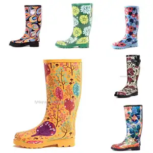 Botas de agua con diseño Floral, botas largas de media pantorrilla, a prueba de lluvia, de goma