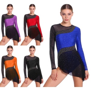 Robe de patinage artistique pour femmes, en maille ornée de strass, manches longues, pour compétition de patinage sur glace, performance sur scène, sur mesure - Product Image 1