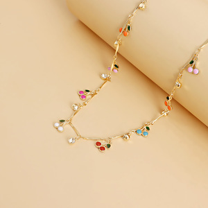 2025 New Hot Sale Gold Plated Dainty Bar Chain With Cute Small Enamel Cherry Crystal Charm Choker Necklace for Women <b>Girls</b> - Product Image 6