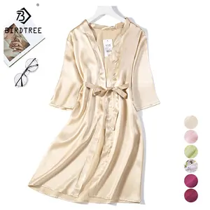 Wholesale Women 100% Natural Silk Robes Solid Kimono Knee Length Half Sleeves Belted Sleep Wear 2023 Home Clothes D34001C