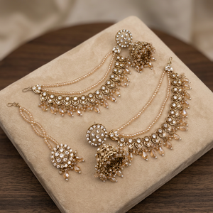 Pendientes Étnicos Vintage para Novia, Chapados en Oro, Certificados por Terceros, con Maang Tikka a Juego, Tradicionales para Aniversario - Product Image 3