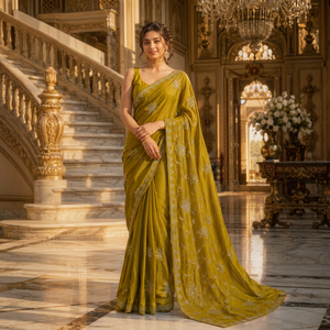 Sari en organza vert olive élégant, brodé, pour mariage indien, en soie, pour femmes, tenue de fête pakistanaise, sari de mariée, vente en gros - Product Image 1