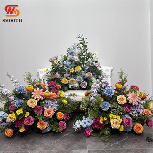 Panneau de fleurs artificielles et plantes de qualité supérieure, prix d'usine, rose rose vif, bleu et jaune, pour fond de scène de mariage, allée - Product Image 6