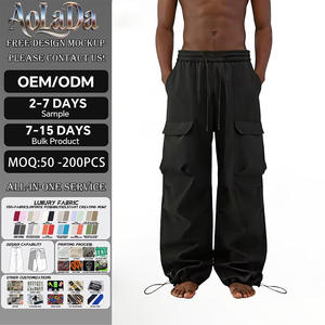 중국 공장 핫세일 맞춤형 카고 팬츠, 사이드 대형 포켓, 드로스트링 와이드 레그 카고 남성용 바지 - Product Image 1