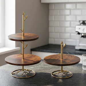 Support à gâteau en bois artisanal à 2 niveaux avec support en métal doré, fait main, pour présentation de desserts, compatible lave-vaisselle, pour mariage et maison - Product Image 3