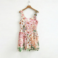 Robe Courte Tissée Style Girly Mignonne Été 2026 Imprimé Floral Robe Bretelles Fines Volants Taille Naturelle Cintrée Ourlet Évasé