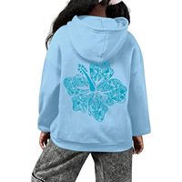 Sweat à capuche bleu clair mignon pour femme, style preppy, motif fleur d'hibiscus, pull respirant en tissu tricoté 320 g/m²