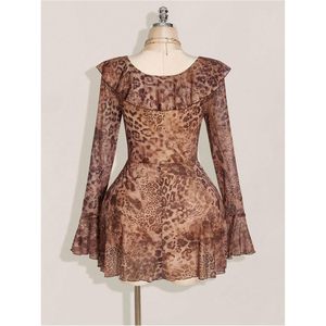 Robe courte en mousseline de soie à imprimé léopard pour femmes FOXA, taille plus, manches cloche, style vintage, pour les vacances - Product Image 2