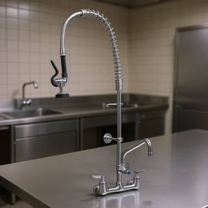 Robinet de cuisine professionnel mural en laiton, hauteur 44 pouces, avec douchette de pré-évier, style industriel, 2 poignées - Product Image 2