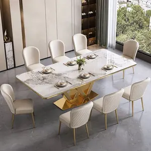 2024 Eenvoudige Schoonmaak Decoratie Tafel En Stoelen Sets Roestvrijstalen Basis Metalen Bankettafels Stoelen Top Esstish Set