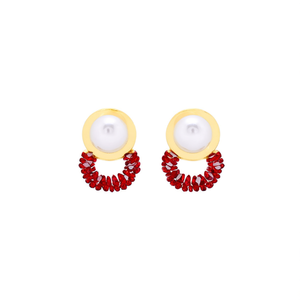 <b>Crystal</b> <b>Earrings</b> 316L Stainless Steel PVD Gold Plating Pearl And Red Gemstone <b>Studs</b> Fashion Jewelry - Product Image 2